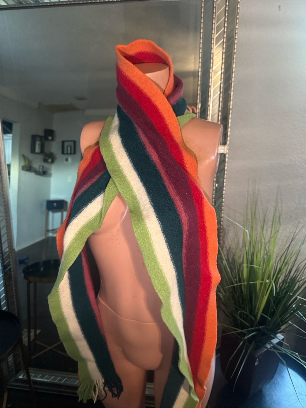Striped Multicolor Knit Scarf - Orange, Red, Green, Navy, White